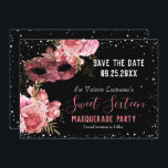 Roze Masquerade Sweet Sixteen Save the Date<br><div class="desc">Meisjes glitter met fancy scriptnaam typografie. Roze rand en faux glitter grens. Fancy roze maskerade masker. Geweldig voor 16 mooie feestjes. Alle tekst kan worden aangepast. Mooie florale en faux glitter-glans. Save the date</div>
