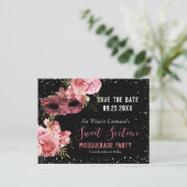 Roze Masquerade Sweet Sixteen Save the Date Briefkaart (Staand voorkant)