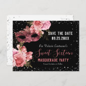 Roze Masquerade Sweet Sixteen Save the Date Briefkaart (Voorkant / Achterkant)