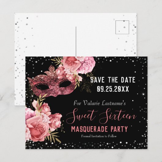 Roze Masquerade Sweet Sixteen Save the Date Briefkaart (Voorkant / Achterkant)