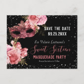 Roze Masquerade Sweet Sixteen Save the Date Briefkaart (Voorkant)