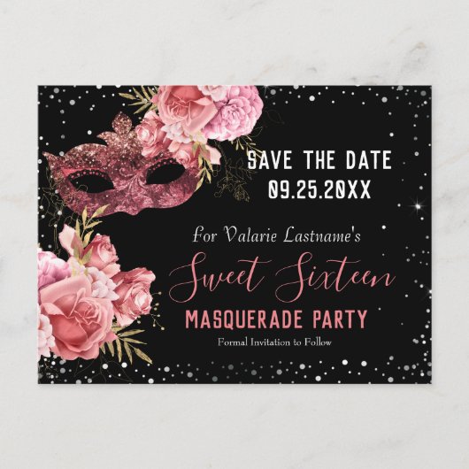 Roze Masquerade Sweet Sixteen Save the Date Briefkaart (Voorkant)