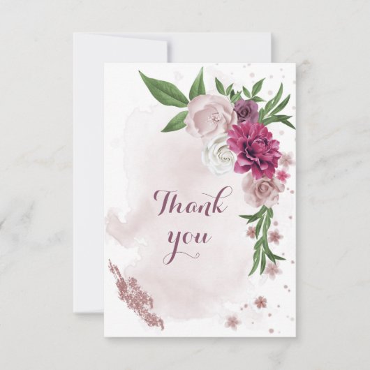 roze mauve bloemen groen  bedankkaart (Voorkant)