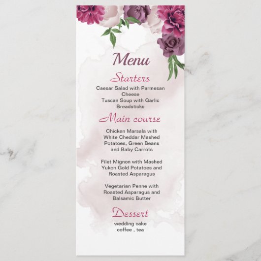 roze mauve bloemen groen trouwen menu (Voorkant)