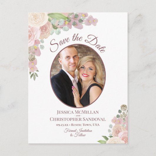 Roze & Mauve Bloemenfoto Bruiloft Save the Date Aankondigingskaart (Voorkant)