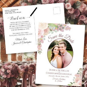 Roze & Mauve Bloemige Foto Bruiloft Save the Date Aankondigingskaart