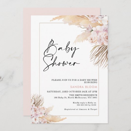 Roze Mauve Boho Pampas Grass Lijst Baby shower Kaart (Voorkant / Achterkant)