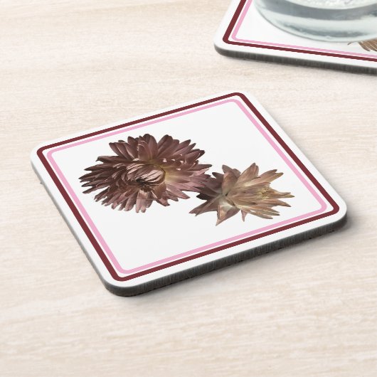 Roze mauve en donkerrode strobloem bier onderzetter (Linkerzijde)