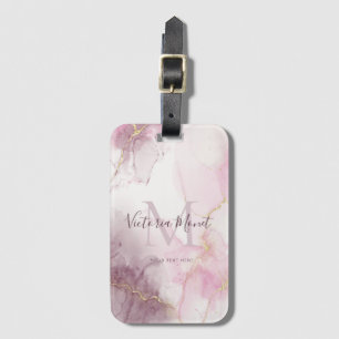 Roze Mauve Gold Vein Marble Script Bagagelabel