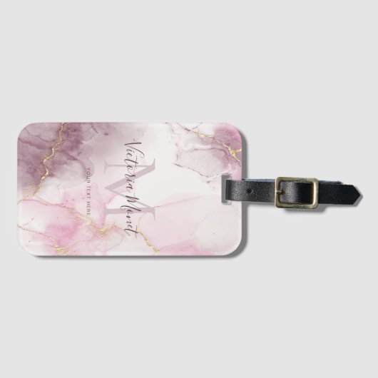 Roze Mauve Gold Vein Marble Script Bagagelabel (Voorkant (horizontaal))