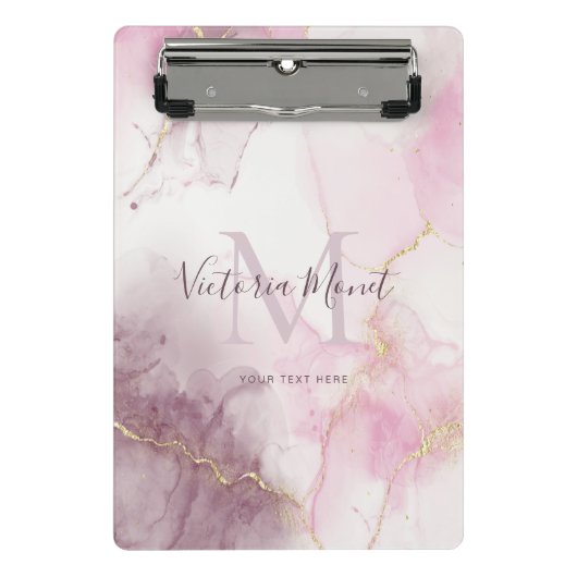 Roze Mauve Goud Ader Marmer Script Mini Klembord (Voorkant)