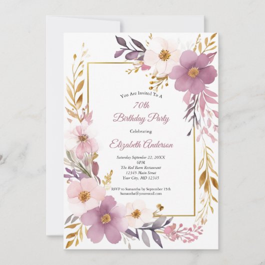 Roze Mauve Gouden Waterverf Bloemen 70ste Verjaard Kaart (Voorkant)