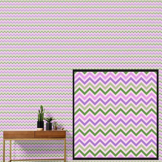 Roze Mauve Groene Chevron Geometrisch op Crème Behang (Creator heeft geüpload)