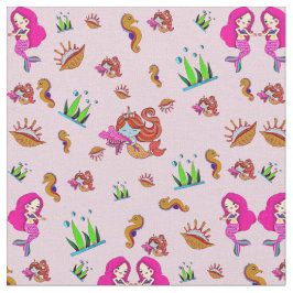 Roze Mauve Mermaids met Seapaarden & Shells Stof