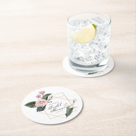 Roze Mauve Roos Bloemig Gouden Frame Bruidsdouche  Ronde Kartonnen Onderzetter (Insitu)