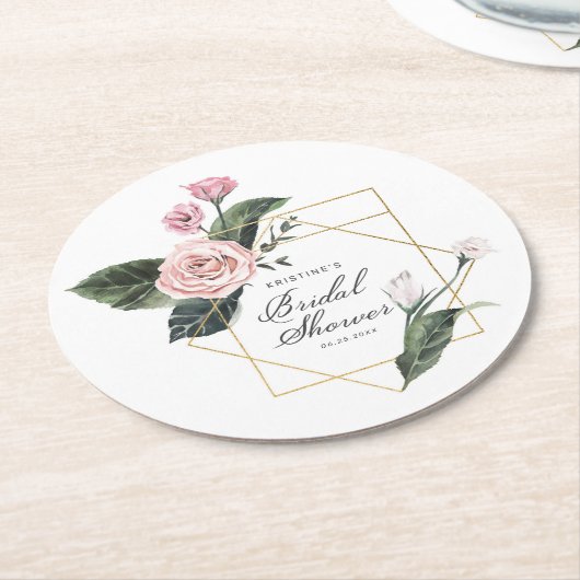 Roze Mauve Roos Bloemig Gouden Frame Bruidsdouche  Ronde Kartonnen Onderzetter (Gebogen)