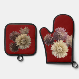 roze & mauve strobloem op Donkerrood Ovenwant & Pannenlap Set