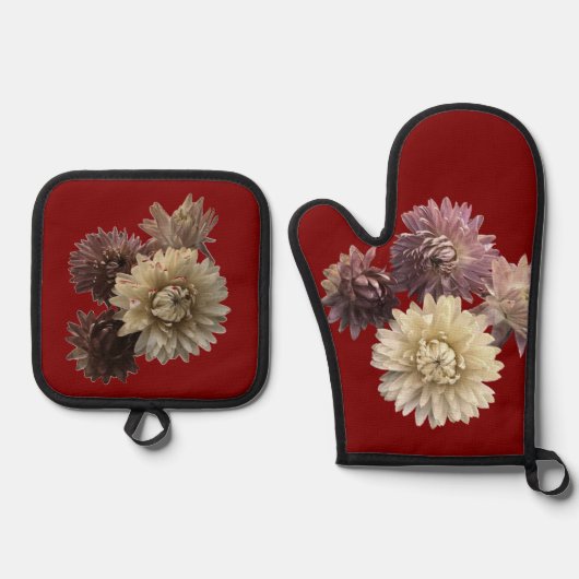 roze & mauve strobloem op Donkerrood Ovenwant & Pannenlap Set (Voorkant)