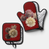 roze & mauve strobloem op Donkerrood Ovenwant & Pannenlap Set (Voorkant / Achterkant)