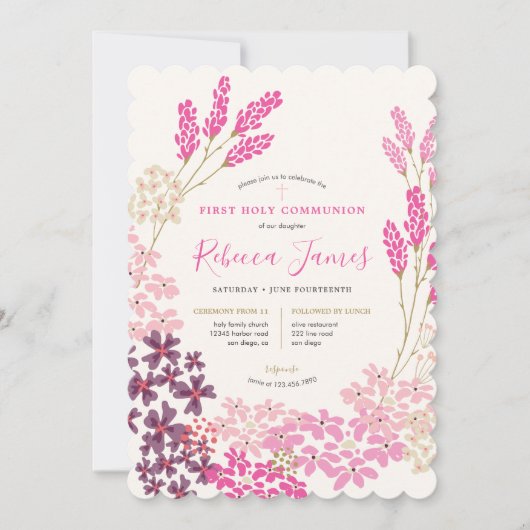 Roze Meadow First Heilige Communie Kaart (Voorkant)