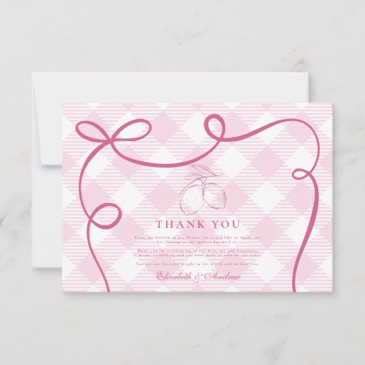 Roze Mediterrane Bow Gingham Lemons Wedding Bedankkaart (Voorkant)