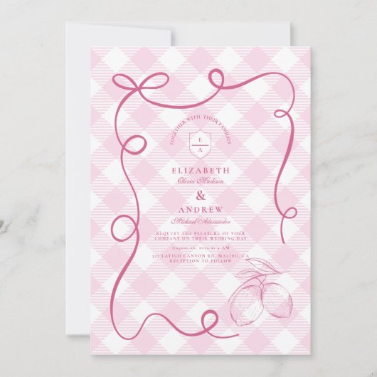 Roze Mediterrane Bow Gingham Lemons Wedding Kaart (Voorkant)