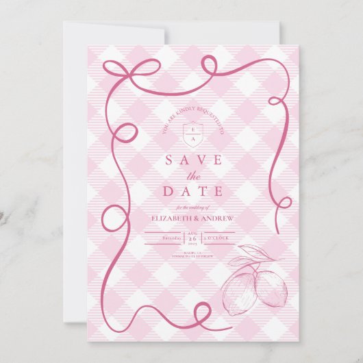 Roze Mediterrane Bow Gingham Lemons Wedding Save The Date (Voorkant)