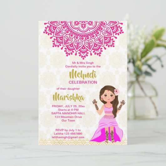 Roze mehndi mandala leuke Indiase cartoon Kaart (Staand voorkant)