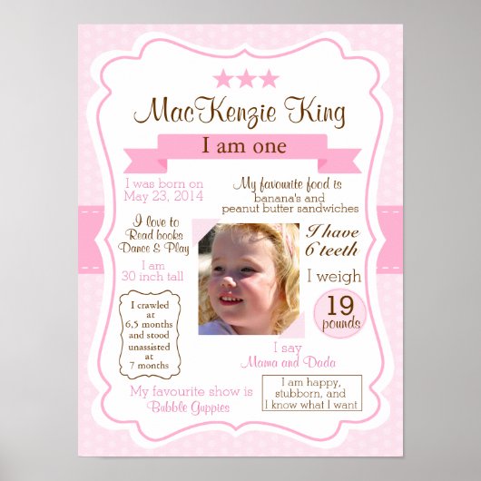 Roze meisje 1 jaar gebarentaal voor je verjaardags poster (Voorkant)