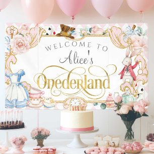 Roze Meisje 1e Verjaardag, Alice Onederland Theme Spandoek