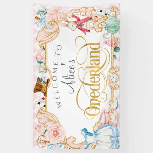 Roze Meisje 1e Verjaardag, Alice Onederland Theme Spandoek (Verticaal)