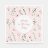 Roze Meisje 1e Verjaardag Wildbloem en groen Servet (Voorkant)