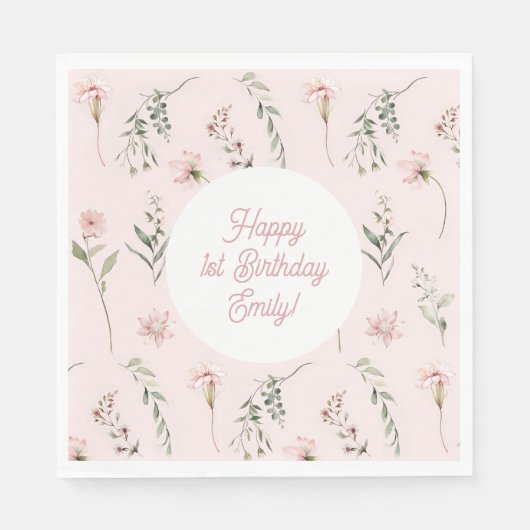 Roze Meisje 1e Verjaardag Wildbloem en groen Servet (Voorkant)