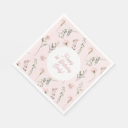 Roze Meisje 1e Verjaardag Wildbloem en groen Servet (Hoek)