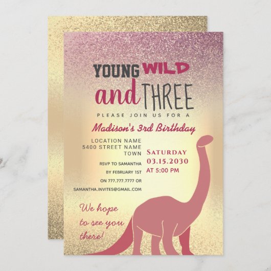 Roze meisje 3e verjaardag uitnodiging (Voorkant / Achterkant)