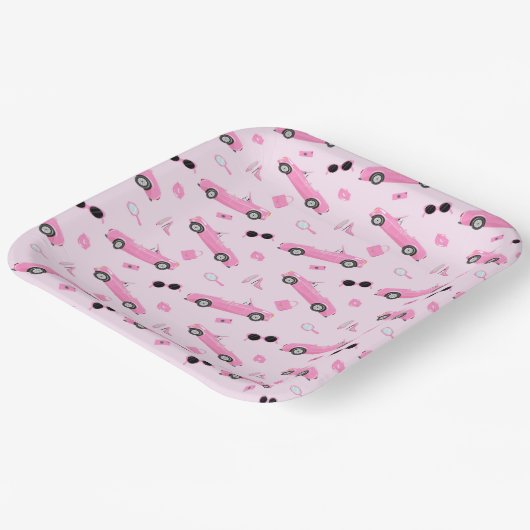 Roze Meisje Auto Verjaardagsfeest Papieren Bordje (Gebogen)