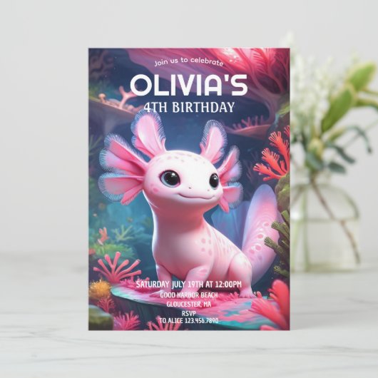 Roze meisje Axolotl verjaardag Kaart (Staand voorkant)