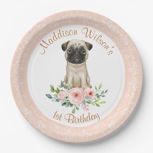 Roze meisje Baby Pug Birthday Paper Bord (Voorkant)