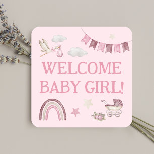 Roze Meisje Baby Schattig Ooievaar Waterverf Vierkante Sticker