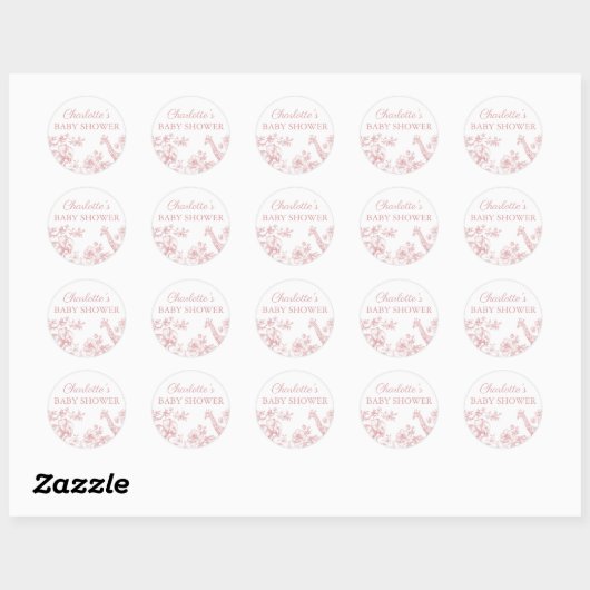 Roze Meisje Baby shower Safari Toile de Jouy Ronde Sticker (Vel)