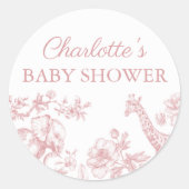Roze Meisje Baby shower Safari Toile de Jouy Ronde Sticker (Voorkant)
