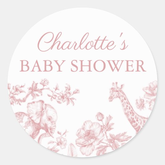 Roze Meisje Baby shower Safari Toile de Jouy Ronde Sticker (Voorkant)