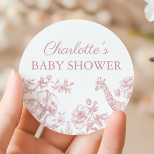 Roze Meisje Baby shower Safari Toile de Jouy Ronde Sticker