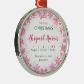 Roze Meisje Baby's Eerste Kerstmis Geboorte Statis Metalen Ornament (Rechts)