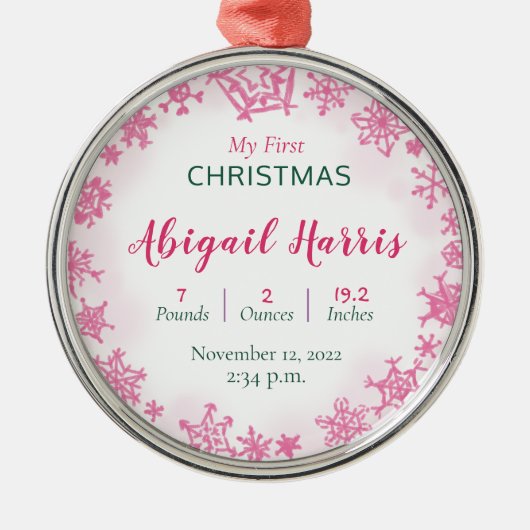 Roze Meisje Baby's Eerste Kerstmis Geboorte Statis Metalen Ornament (Voorkant)