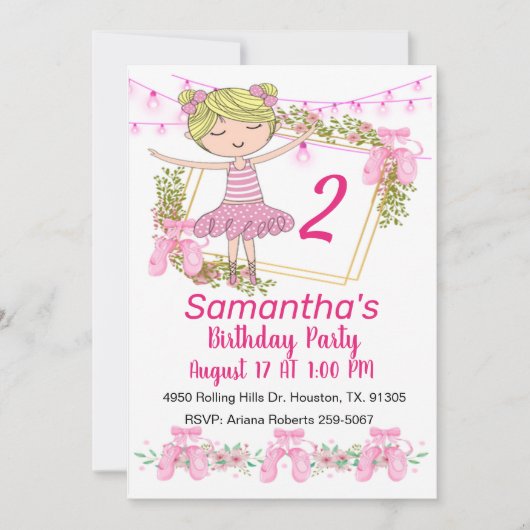 Roze meisje Ballerina Birthday Uitnodiging (Voorkant)