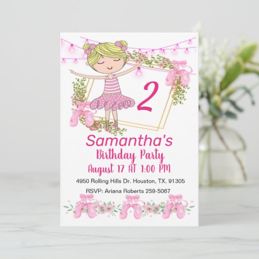 Roze meisje Ballerina Birthday Uitnodiging (Staand voorkant)