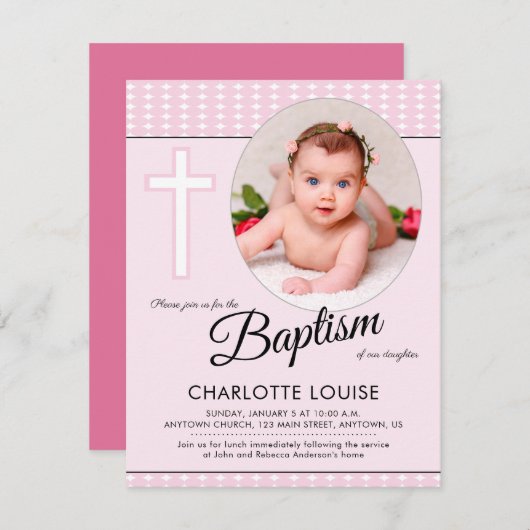 Roze meisje Baptism, Cross Christening Uitnodiging (Voorkant / Achterkant)