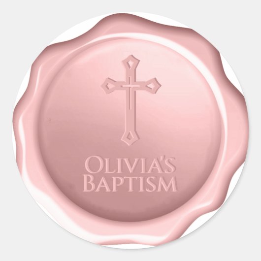 Roze meisje Baptism Wax Seal Dusty Roos Cross & Na Ronde Sticker (Voorkant)