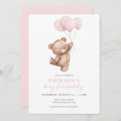 Roze Meisje Beary Eerste Verjaardag Uitnodiging (Voorkant / Achterkant)